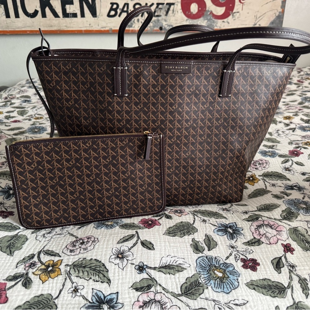 Tory Burch Dark Brown Patterned Tote and Pouch